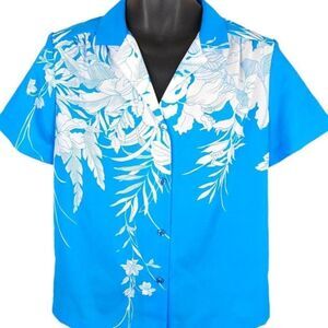 Vintage Hilo Hattie Hawaiian Shirt Womens Size Medium Blue 80s Made In Hawaii US